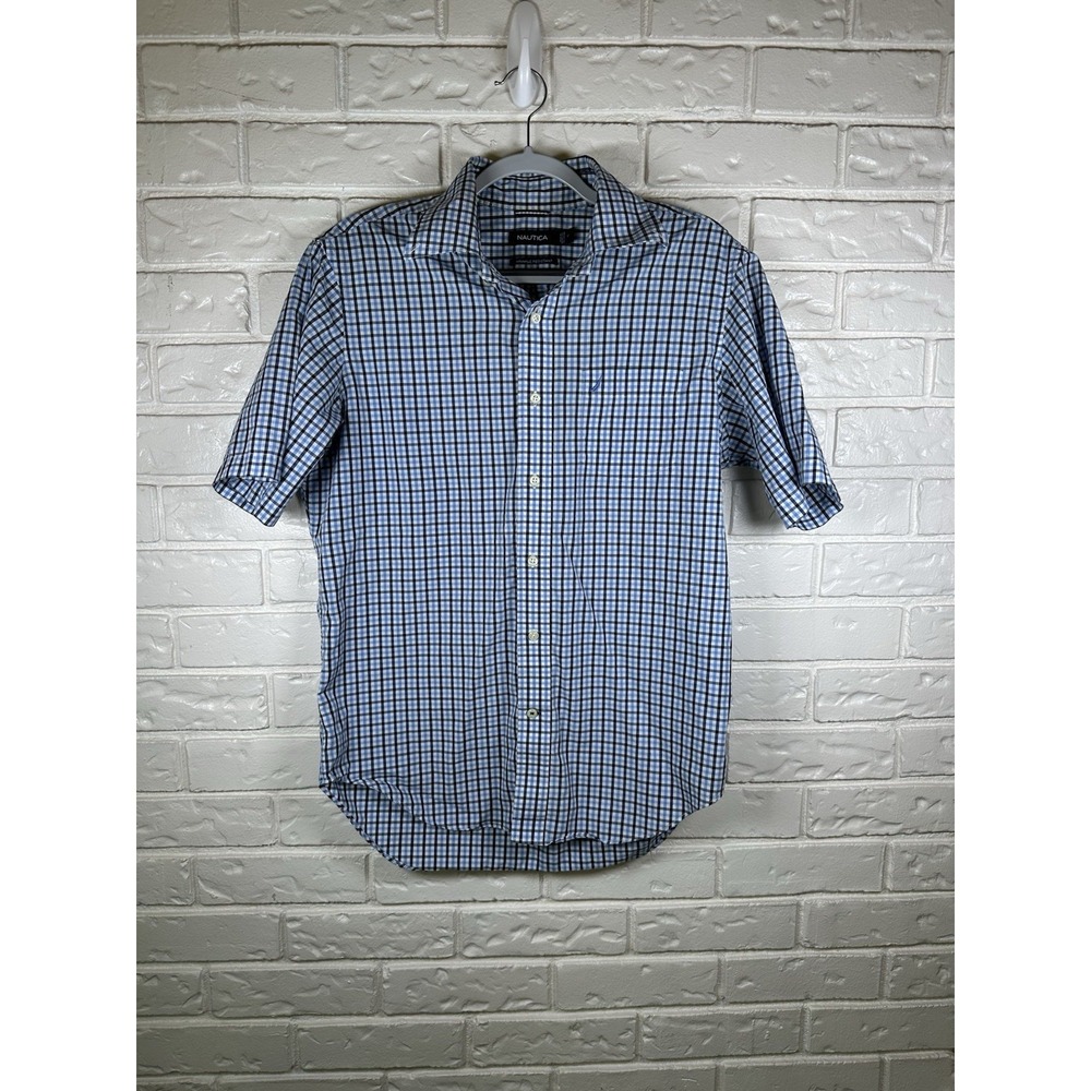 Nautica‎ Classic Fit Shirt Mens M Blue Plaid Button Down Short Sleeve Cotton